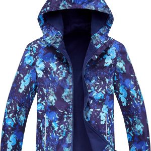 Boys Girls Rain Jacket Lightweight Hooded Fleece Lined Raincoat