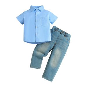 Little Child Baby Boys' Suits Summer Blue Short Sleeved Shirt Washed Jeans Daily Wear Toddler to Big Kid cotton Blue 3-4 Years