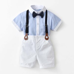 Toddler Baby Boy Formal Short Set Summer Outfit Kids Short Sleeve Bowtie Shirt Suspender Shorts Suit
